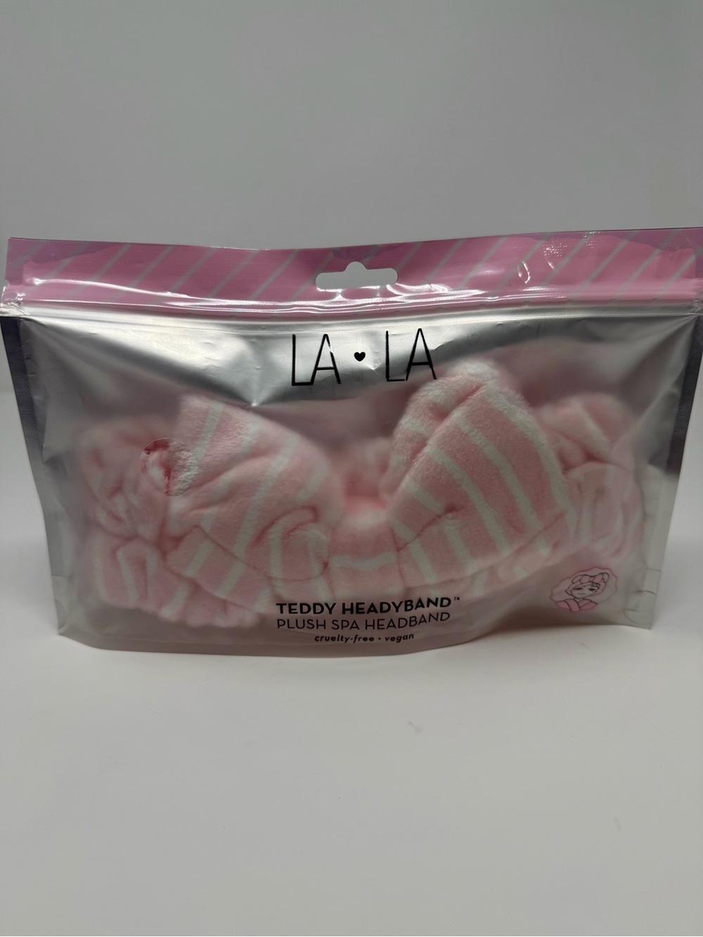 LA LA Pink Striped Plush Teddy Spa Headband